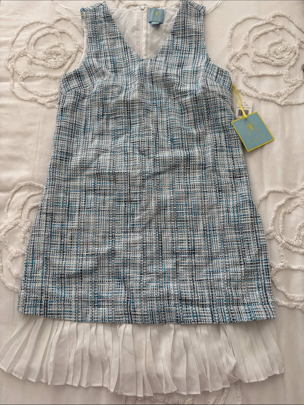 NWT CeCe Blue Plaid Tweed Dress with White Pleated Hem